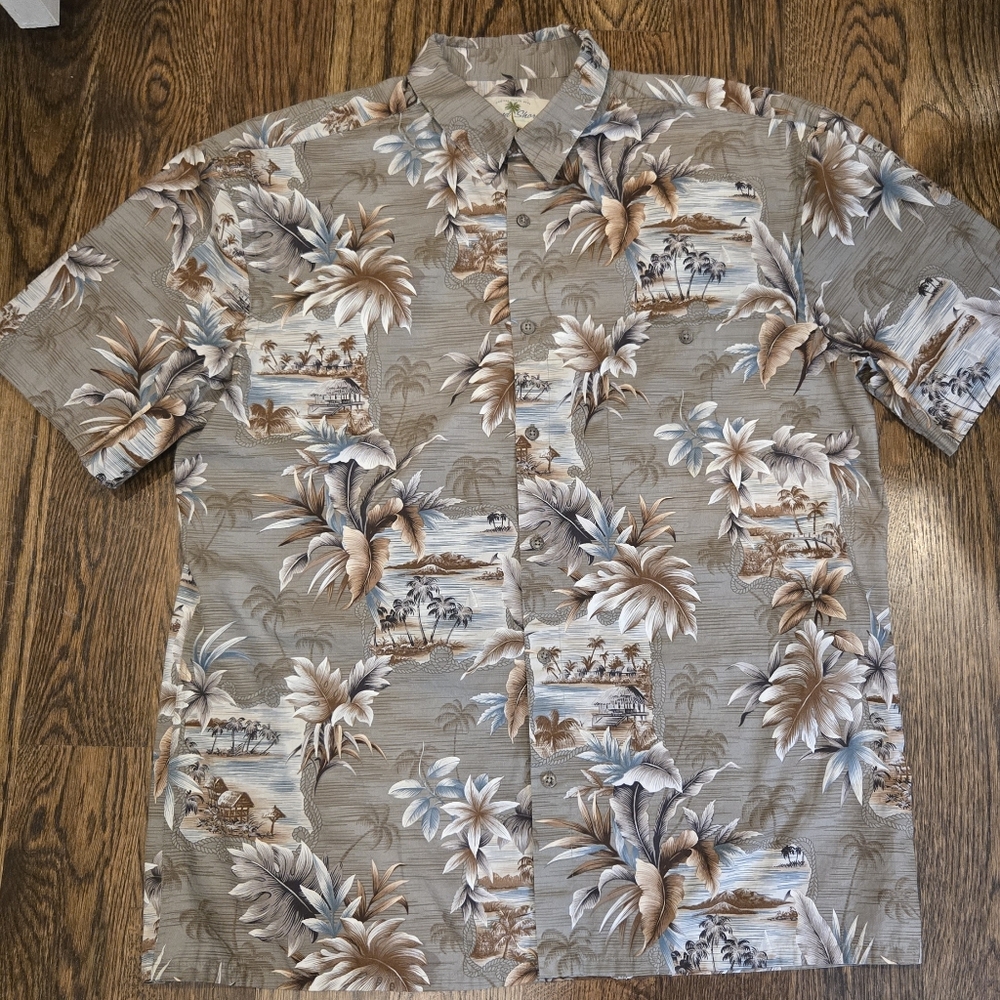 Island Shores Vtg Tan w teal Palm tree Men's L Hawaiian Button up Shirt EUC
